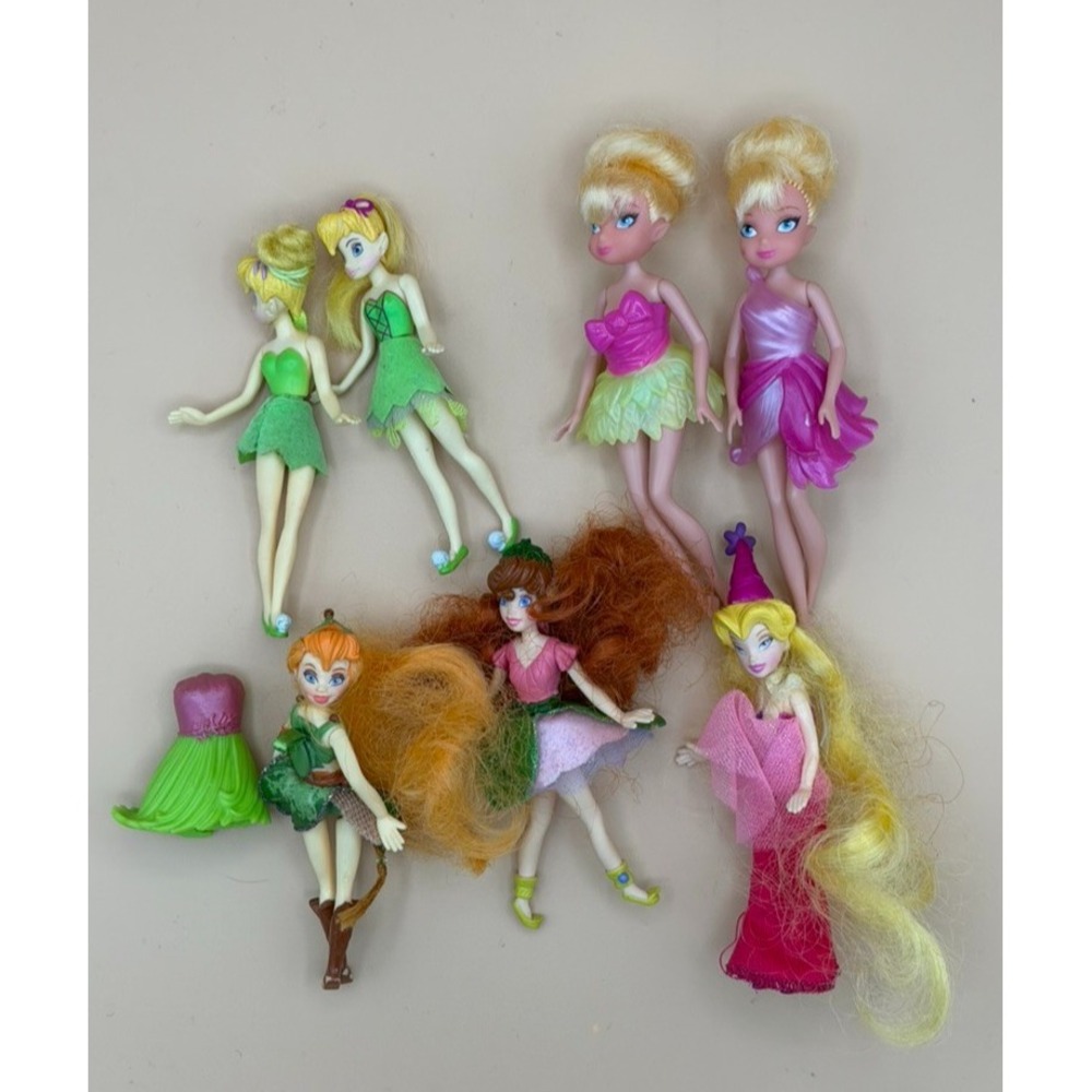 Disney Fairies Tinker Bell Doll Lot of 7 Figures Dolls No Wings Mixed Outfits
